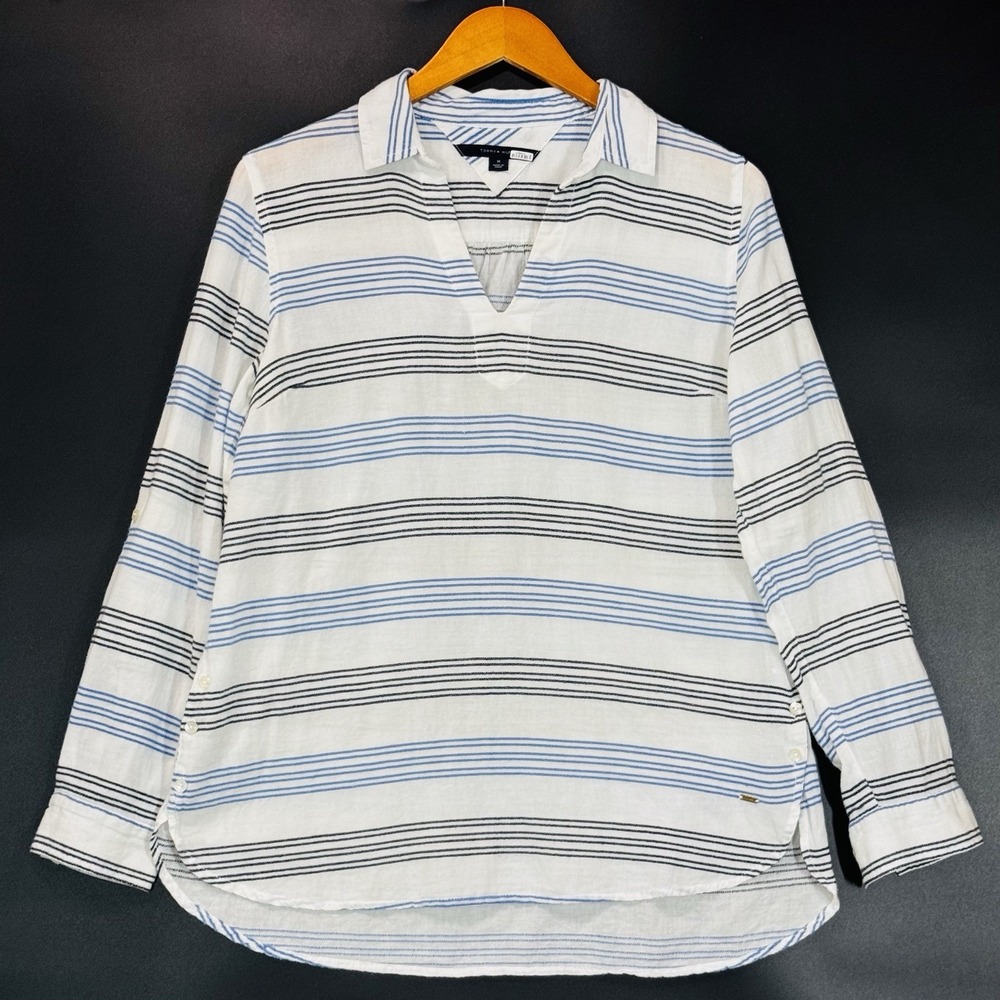Tommy Hilfiger Womens Medium Blue White Striped Popover Tunic Cotton Shirt Top